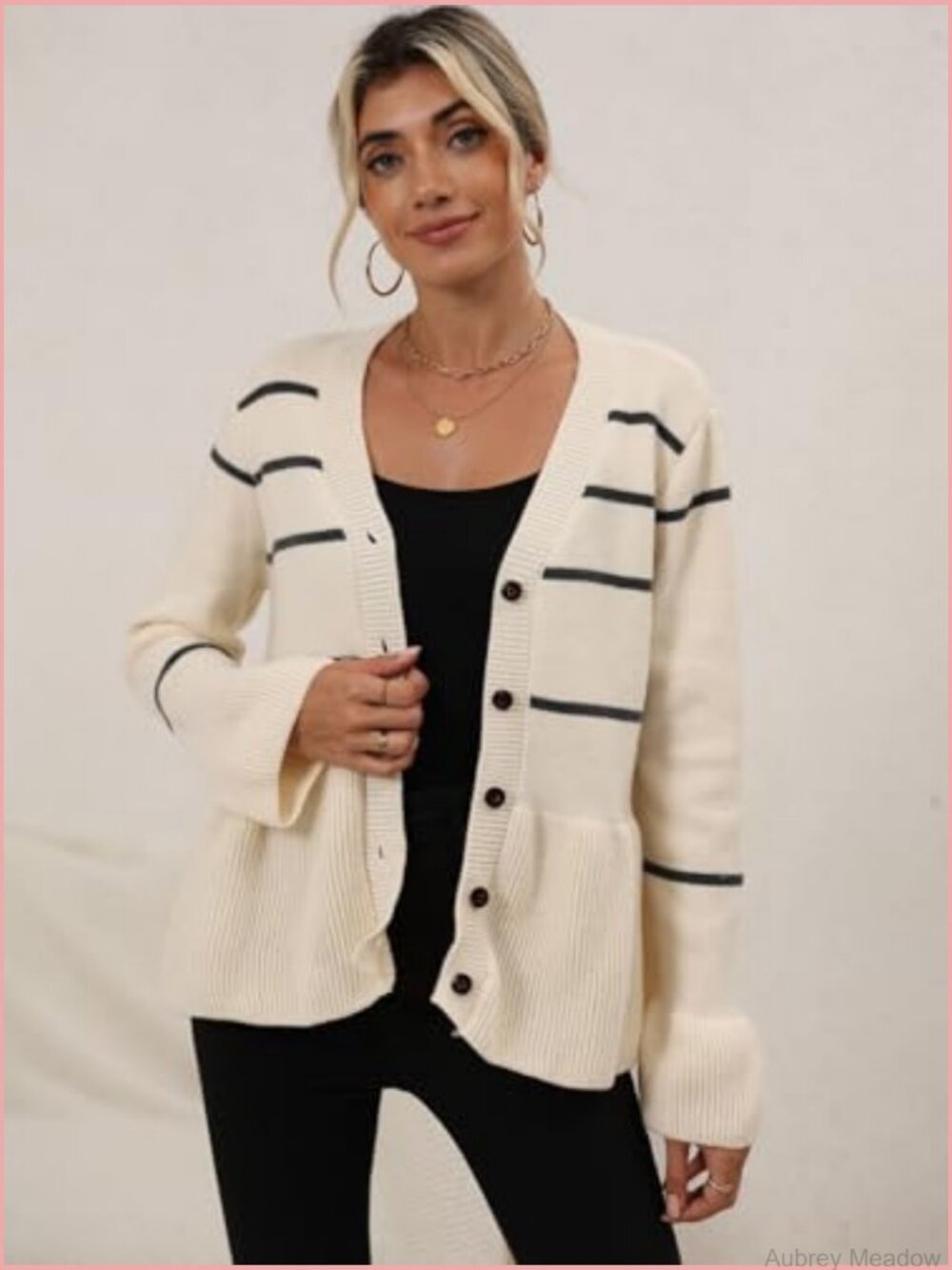 Striped V-Neck Cardigan with Flared Hem - Soft Knit Button Down - Picture 5 of 7